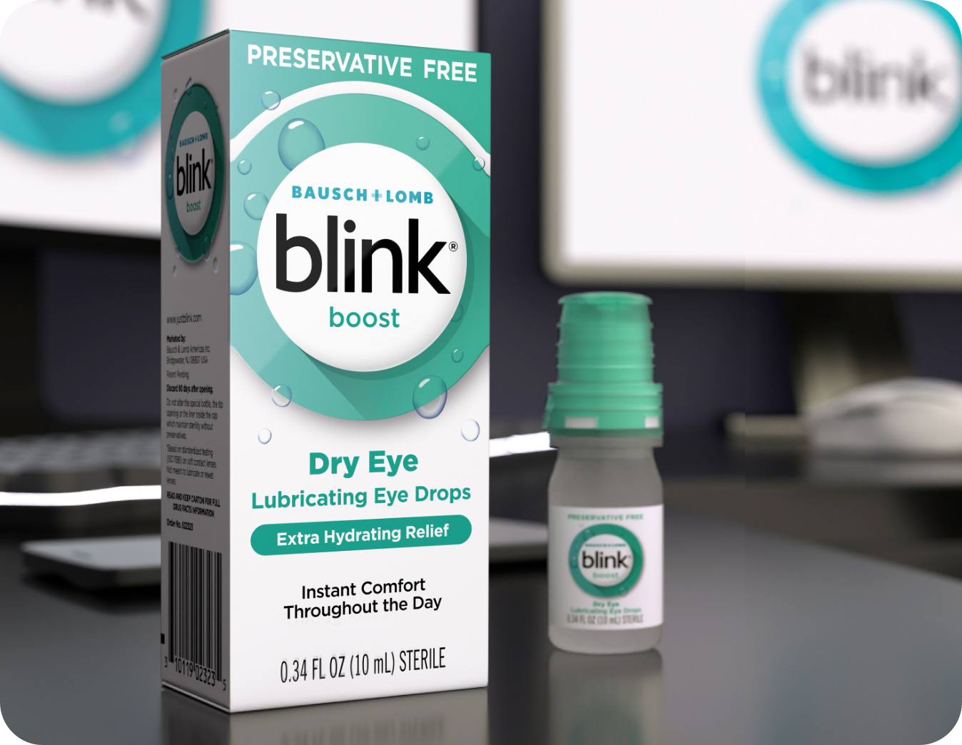 Blink Boost Dry Eye Lubricating Eye Drops packaging and bottle on a desk