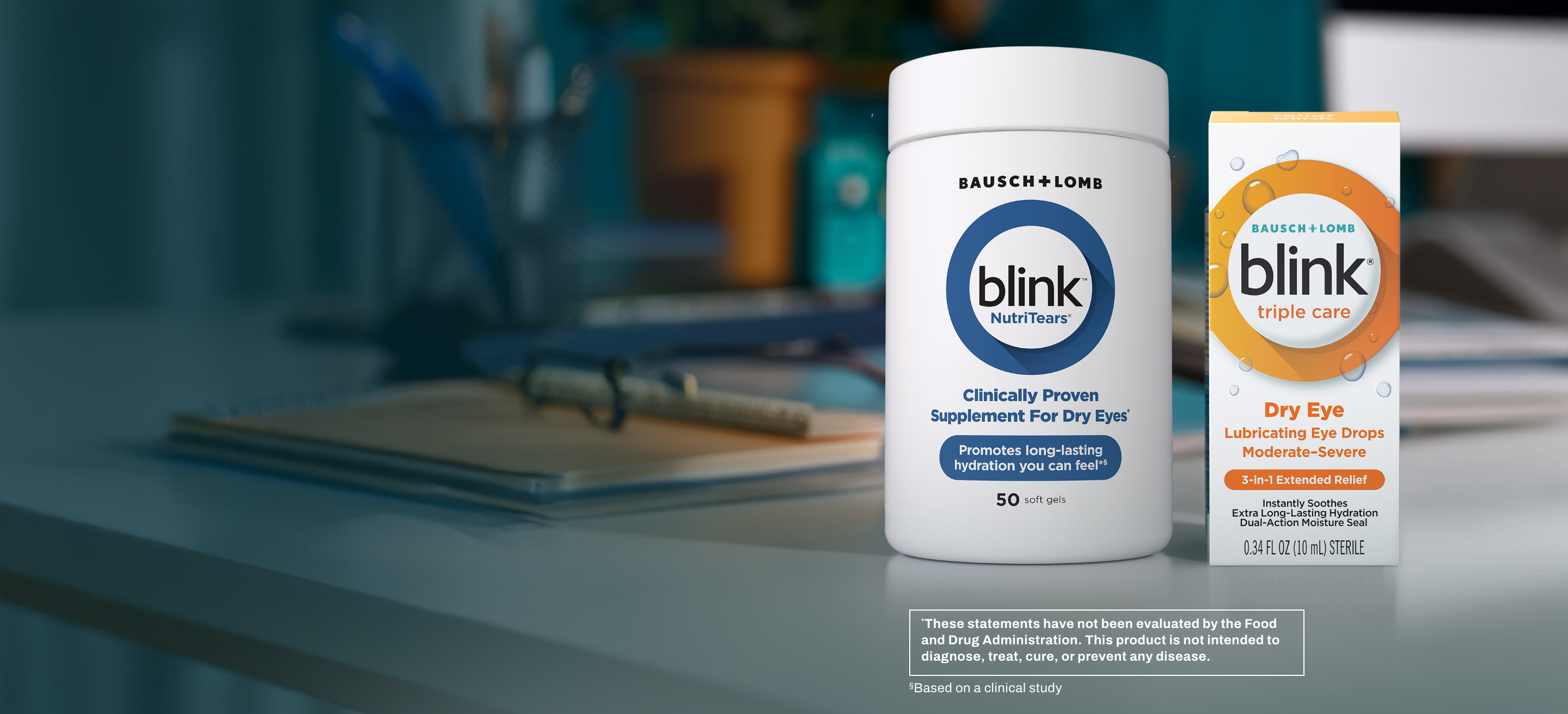 Blink NutriTears Supplement for Dry Eyes bottle next to Blink Triple Care Lubricating Eye Drops package on a table