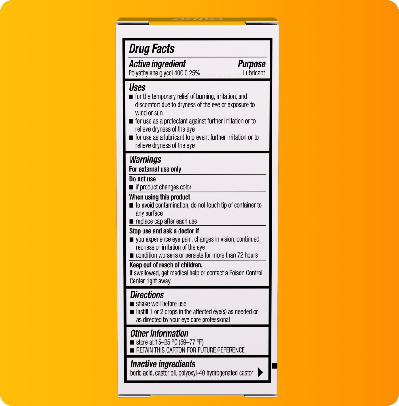 Blink Triple Care Preservative Free package with product drug facts